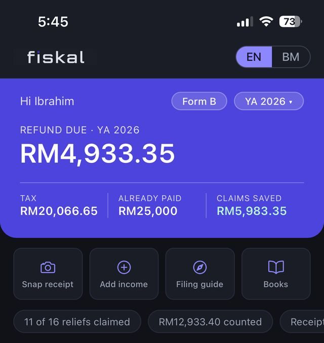 The Fiskal app showing a refund estimate